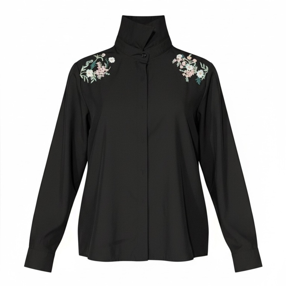 Floral Embroidered Black Women's Top